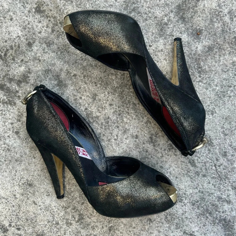 Guillaume Hinfray black and  gold peep toe heel, size 37.5